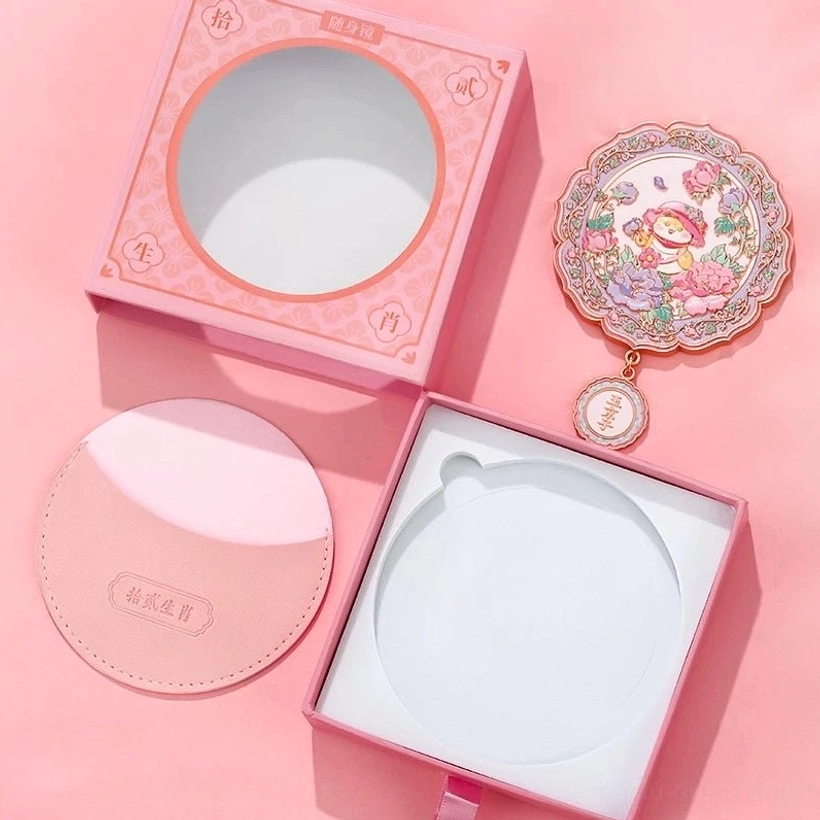 Chinese zodiac blessings pocket mirror gift set with floral decorative cover, protective pouch and drawer-style presentation box