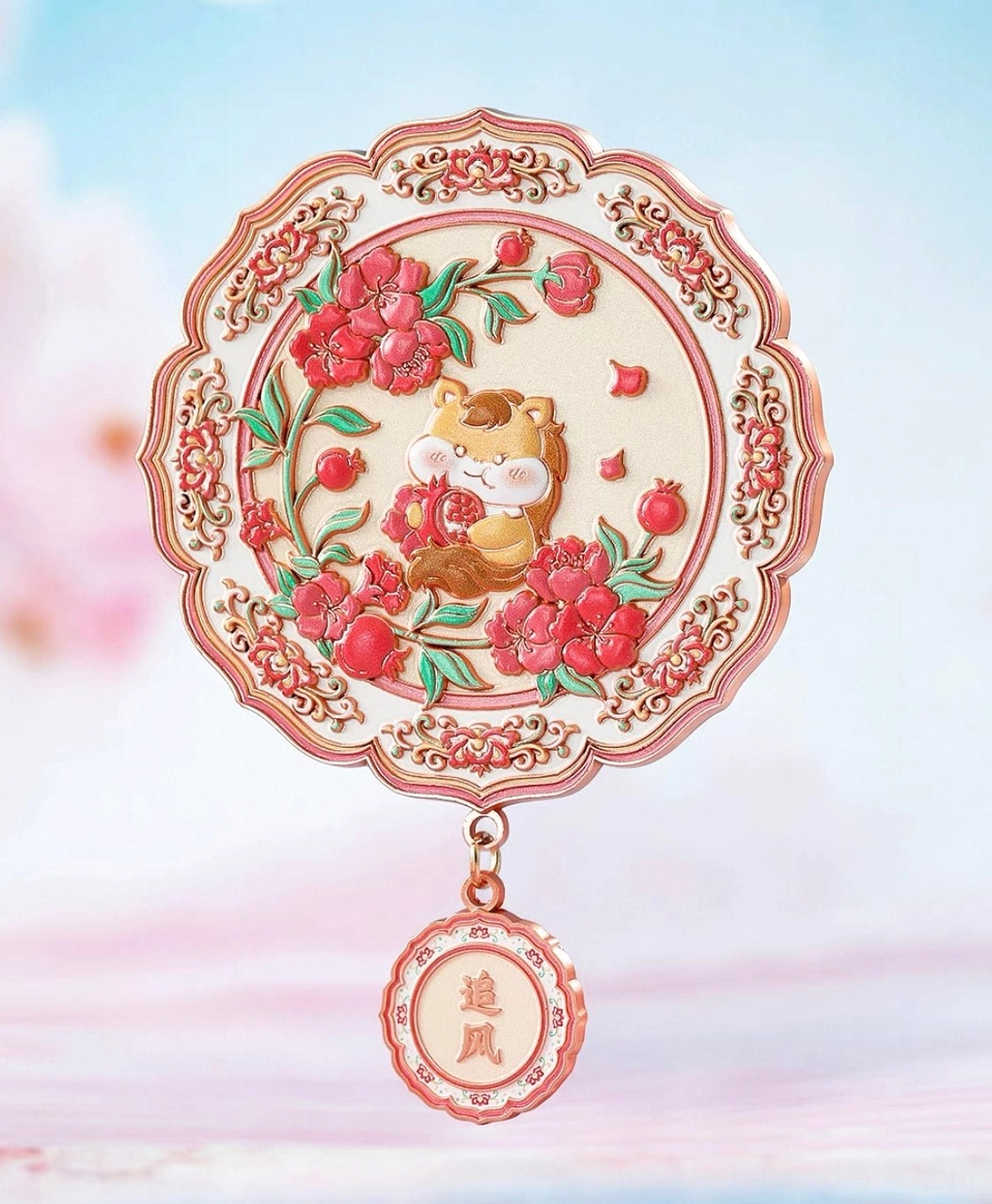 Chinese zodiac horse blessings pocket mirror with ornate floral animal design and a traditional decorative hanging tag