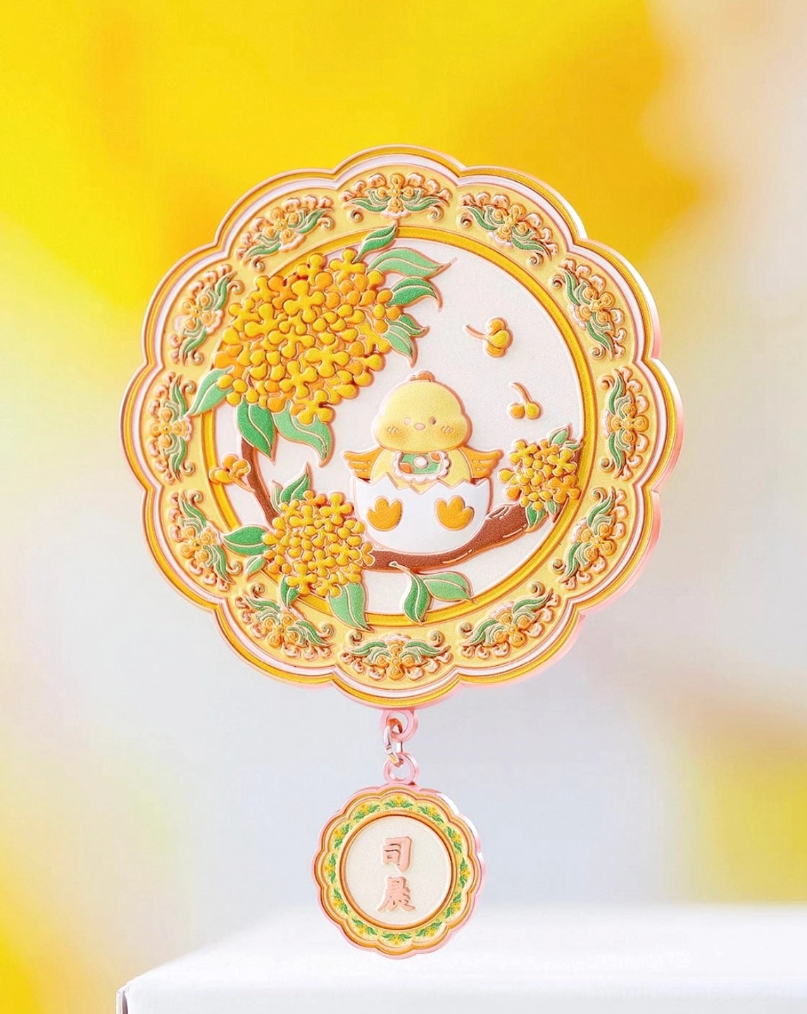 Chinese zodiac rooster blessings pocket mirror with traditional-inspired animal art, decorative flowers and scalloped frame
