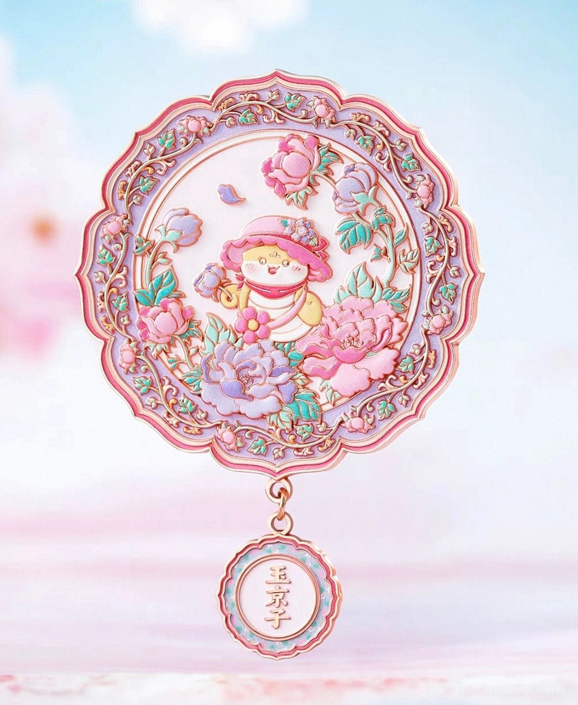 Chinese zodiac snake blessings pocket mirror with enamel-style animal illustration, floral motifs and scalloped frame