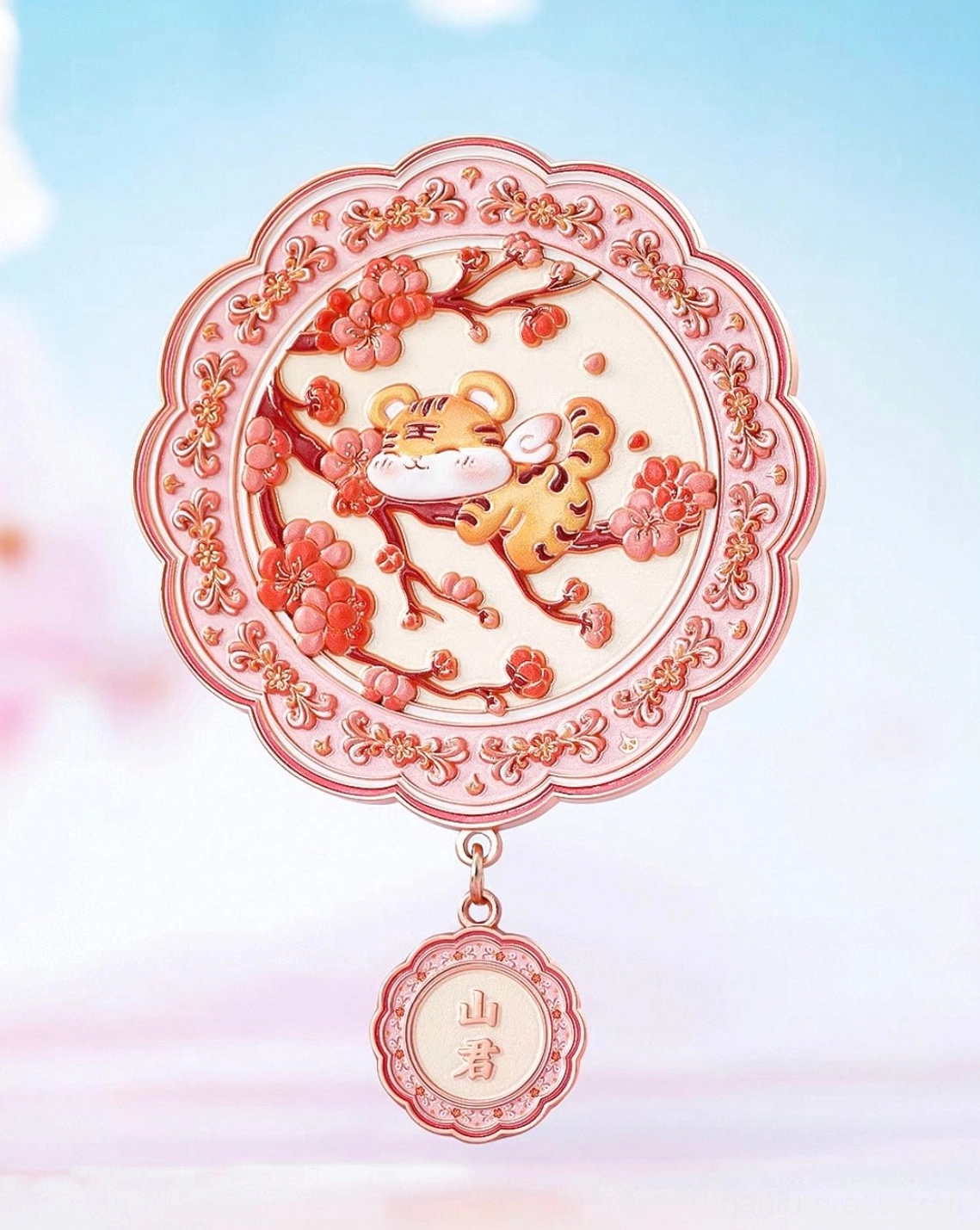 Chinese zodiac tiger pocket mirror with pink scalloped frame, plum blossom artwork and traditional hanging zodiac charm