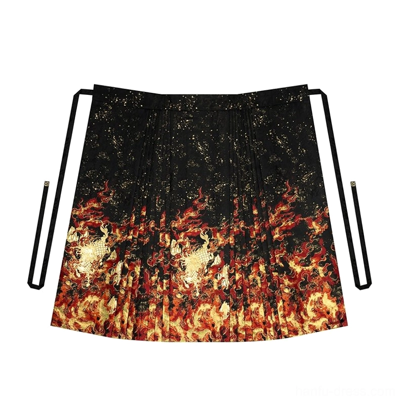 Black Ming Dynasty style mamian skirt with pleats gold dragon and crimson flame brocade motifs flat lay