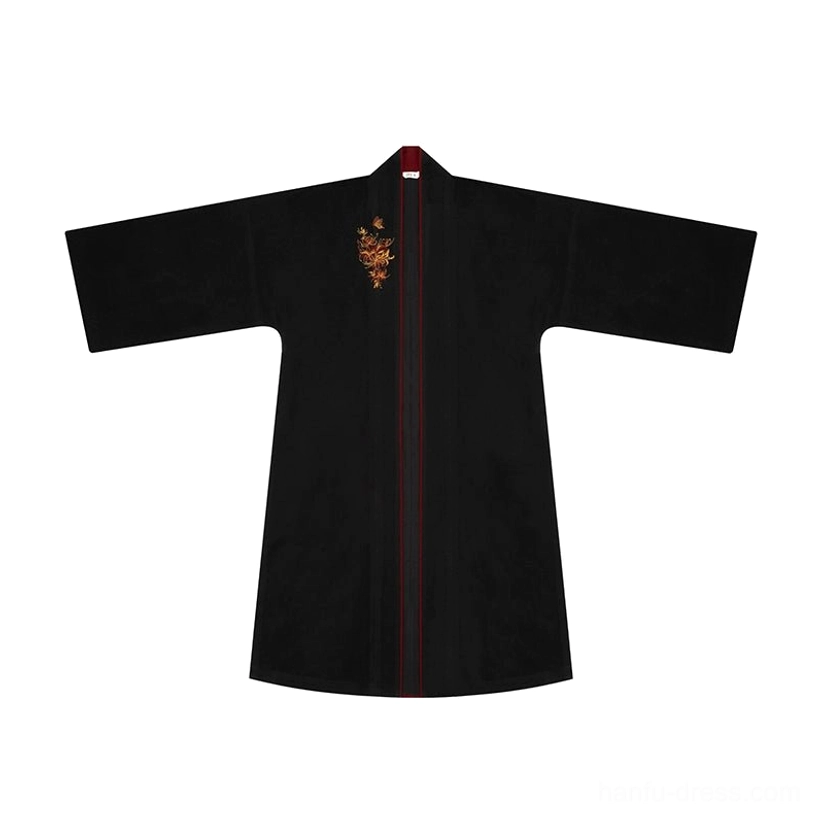 Black wide sleeve Hanfu overcoat with red piping and gold floral chest embroidery flat lay front view