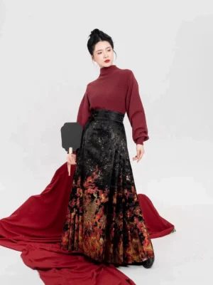 Burgundy long sleeve knit top and black dragon flame mamian skirt Ming Dynasty Hanfu outfit front view