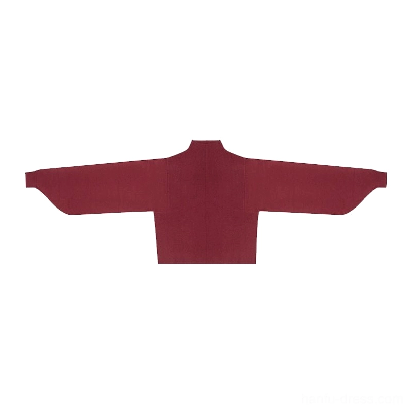Burgundy stand collar long sleeve knit Hanfu sweater with loose puff sleeves flat lay front view