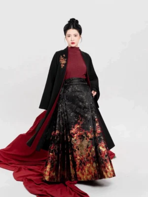 Full Chiyan crimson flame Ming Dynasty Hanfu outfit with black embroidered coat burgundy knit top and dragon mamian skirt front view