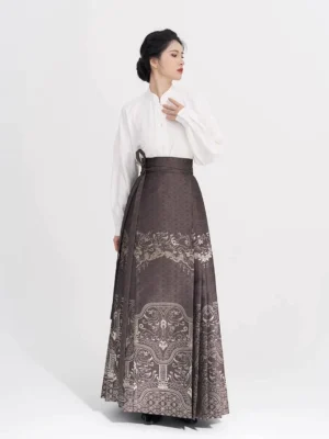 Ink brown Ming Dynasty style mamian skirt with silver ornamental brocade pattern paired with a white Chinese stand-collar blouse