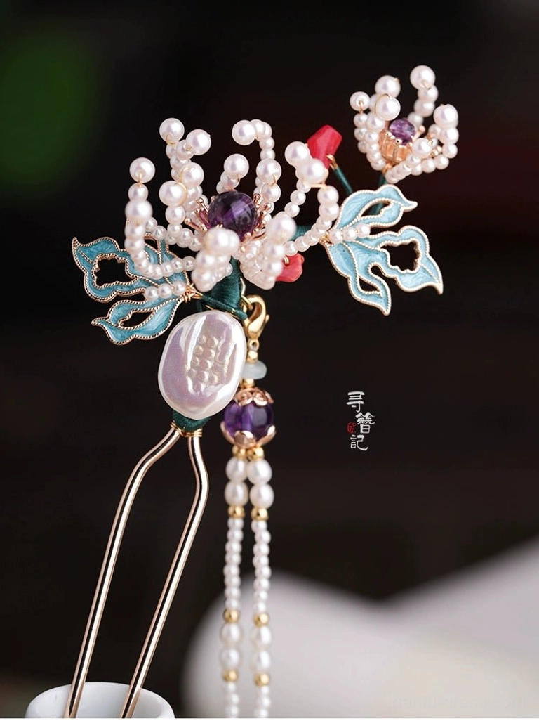 Chrysanthemum pearl tassel Chinese hair fork with blue cloisonne style leaves purple crystals red beads and baroque pearl pendant on display stand