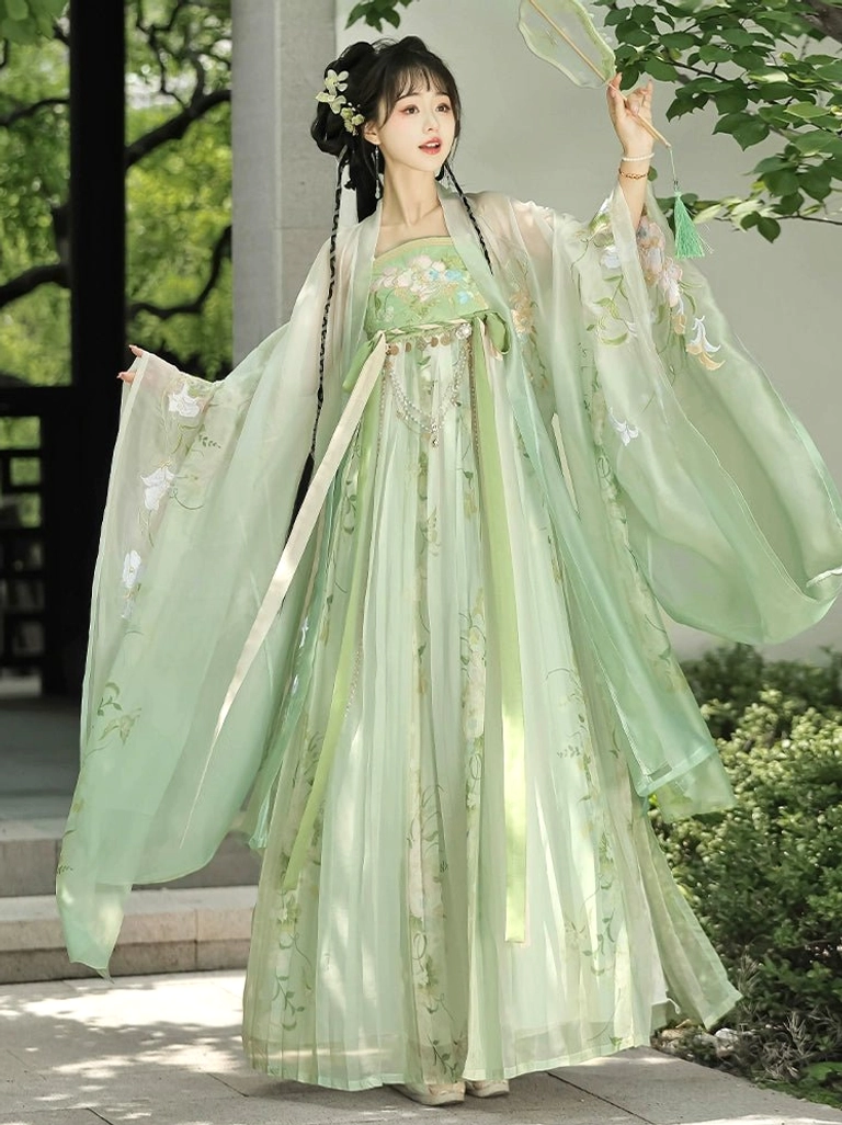 Mint green Tang Dynasty style Hanfu Heziqun dress with gradient skirt, floral embroidery, and translucent green outer coat