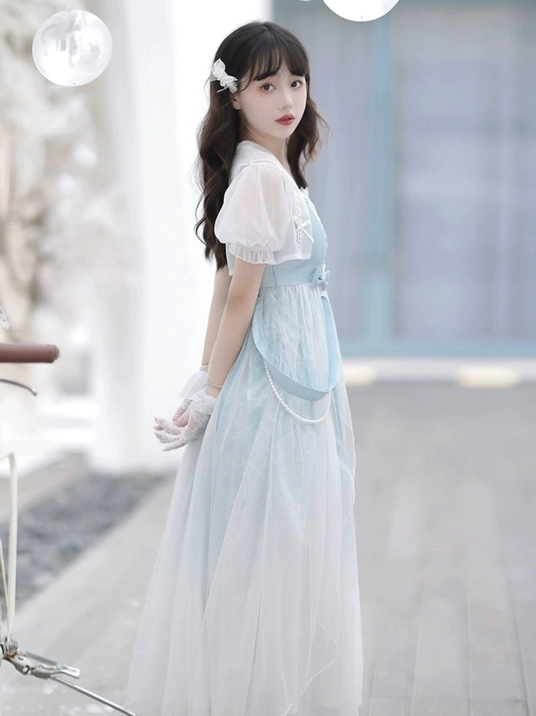 Side view of Cinderella modern Tang style Hanfu dress set showing fitted bodice, short coat, and elegant blue white tulle silhouette