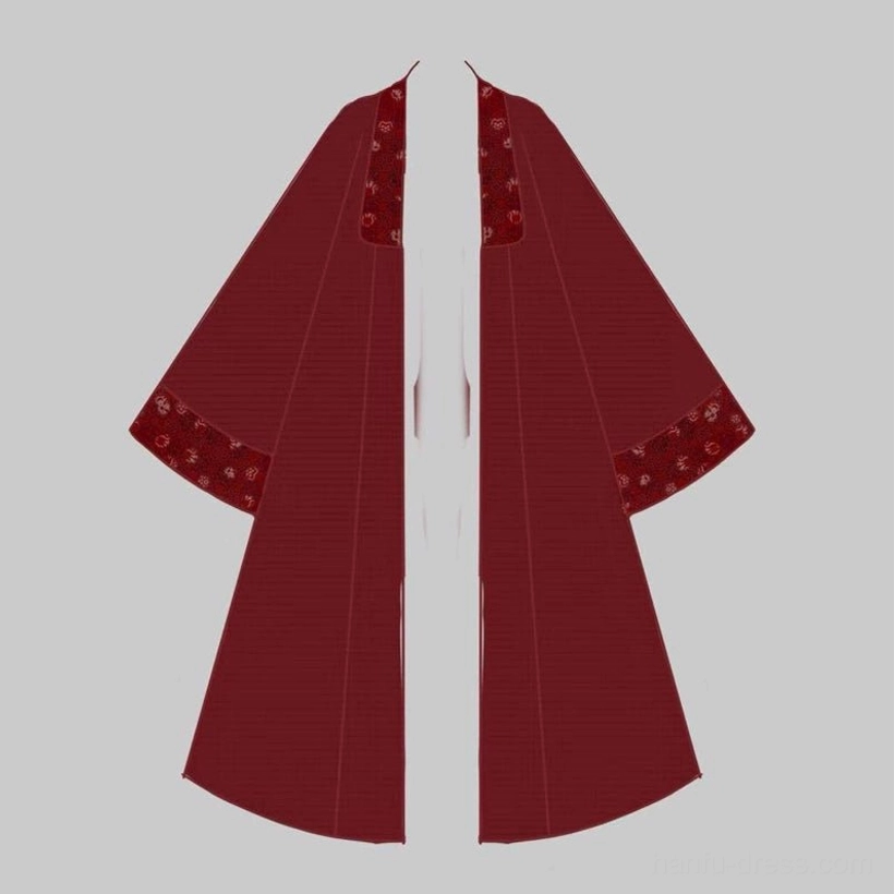 Flat lay of the deep burgundy open-front Hanfu coat with patterned red trim on the collar cuffs and hem