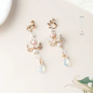 Clip-on Chinese earrings for non-pierced ears with pink and white floral details pearl strands gold-tone fittings and opal teardrop pendants