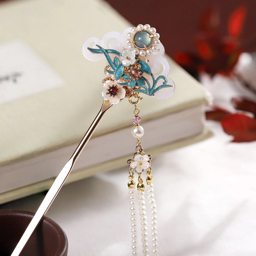 Left style cloisonne orchid Chinese hair stick with smooth gold-tone pin, blue floral ornament, pearl-style tassel and layered decorative charms