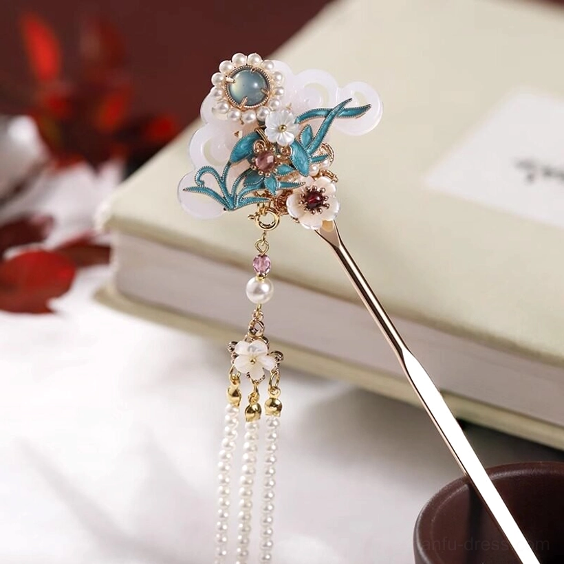 Right style cloisonne orchid tassel Chinese hair stick for Hanfu with blue flower centerpiece, round accent, white details and pearl-style strands