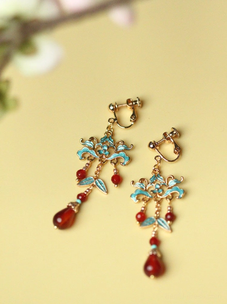 Non pierced comfort clip on cloisonne red agate drop earrings with blue floral enamel decoration on yellow background
