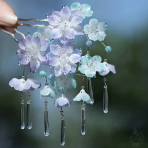 Double-pronged cloud and mist Chinese hair stick with gradient floral cluster, decorative beads, and dangling clear teardrop pendants