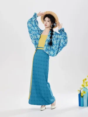 Coconut Wind Forest Song Dynasty Hanfu full set with blue white Famen Temple beizi, yellow camisole, teal wrap skirt, and straw hat front view