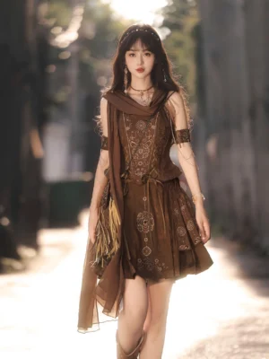 Full-body model wearing a coffee brown Ming-style Hanfu bustier and mamianqun horse-face skirt outfit outdoors in warm sunlight