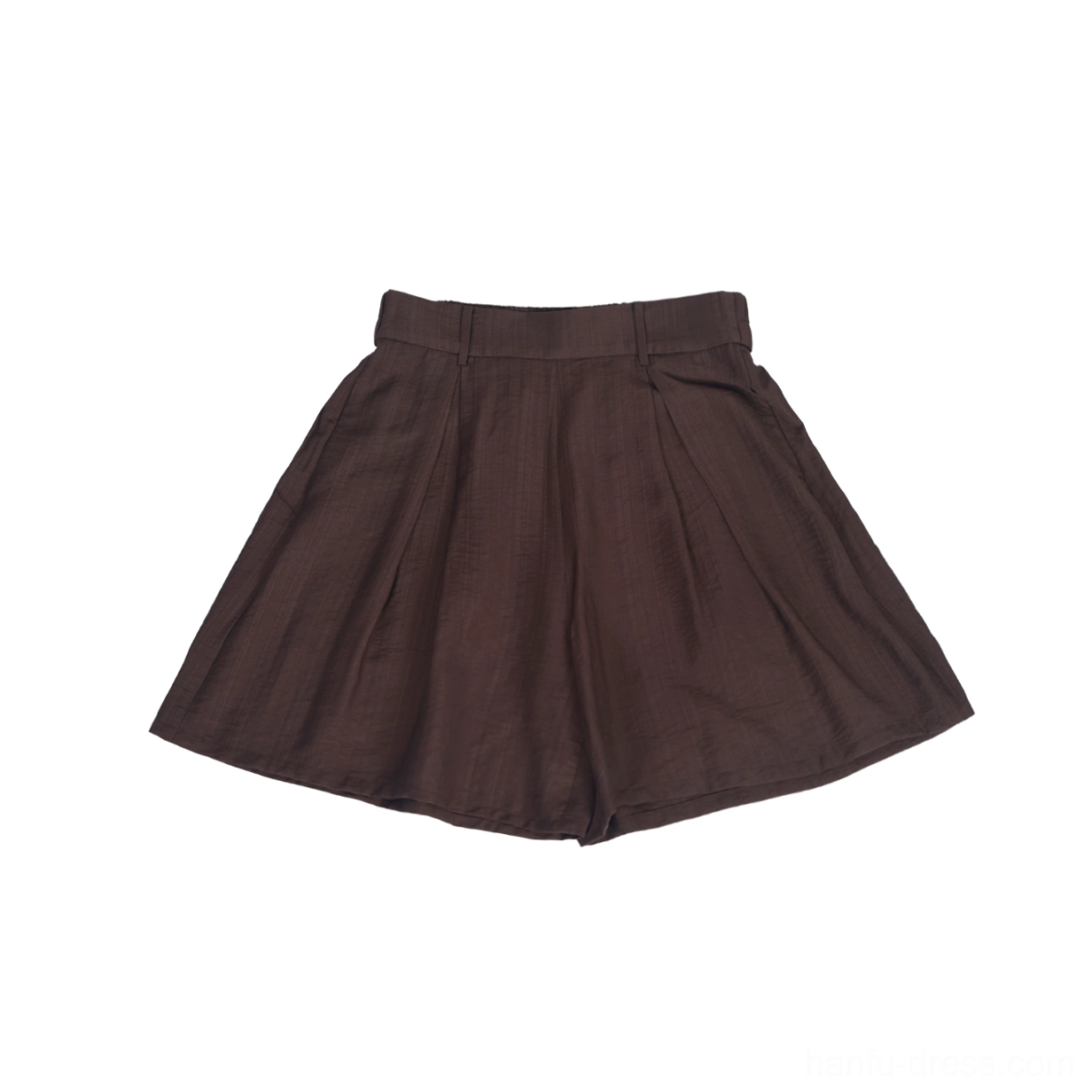 Coffee brown high-waist modern Hanfu wide-leg shorts with soft pleats and relaxed flowing silhouette flat lay