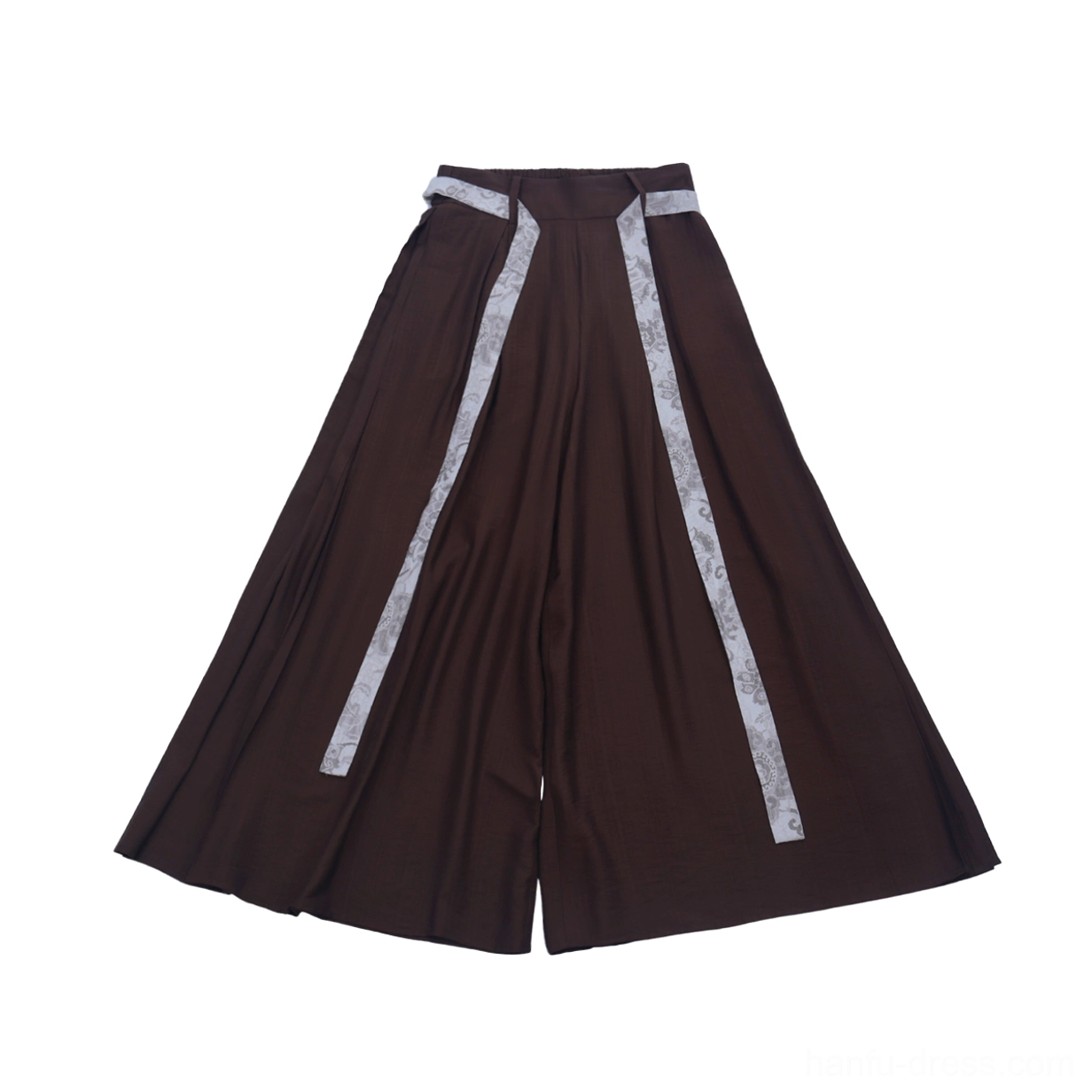 Coffee brown high-waist Song Dynasty Hanfu wide-leg pants with traditional printed side accent panels flat lay