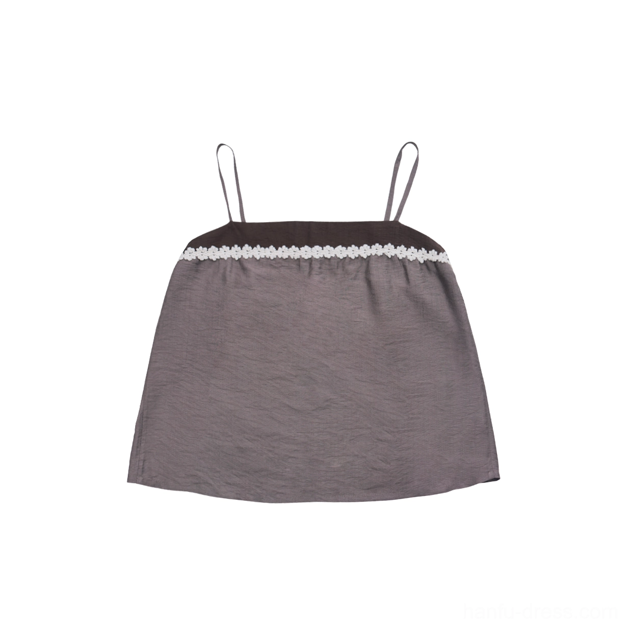 Coffee brown Hanfu camisole with spaghetti straps dark contrast trim and delicate white lace neckline detail