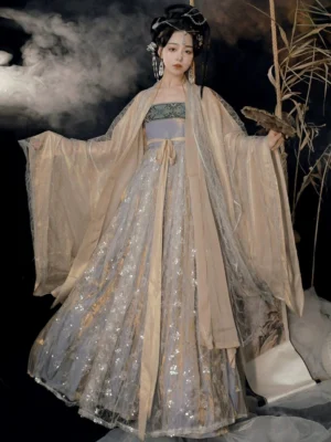 Front view of Cold Tangerine Tang Dynasty Hanfu Heziqun outfit with flowing apricot outer coat, glittering lilac skirt, embroidered bust band, and long waist ribbons