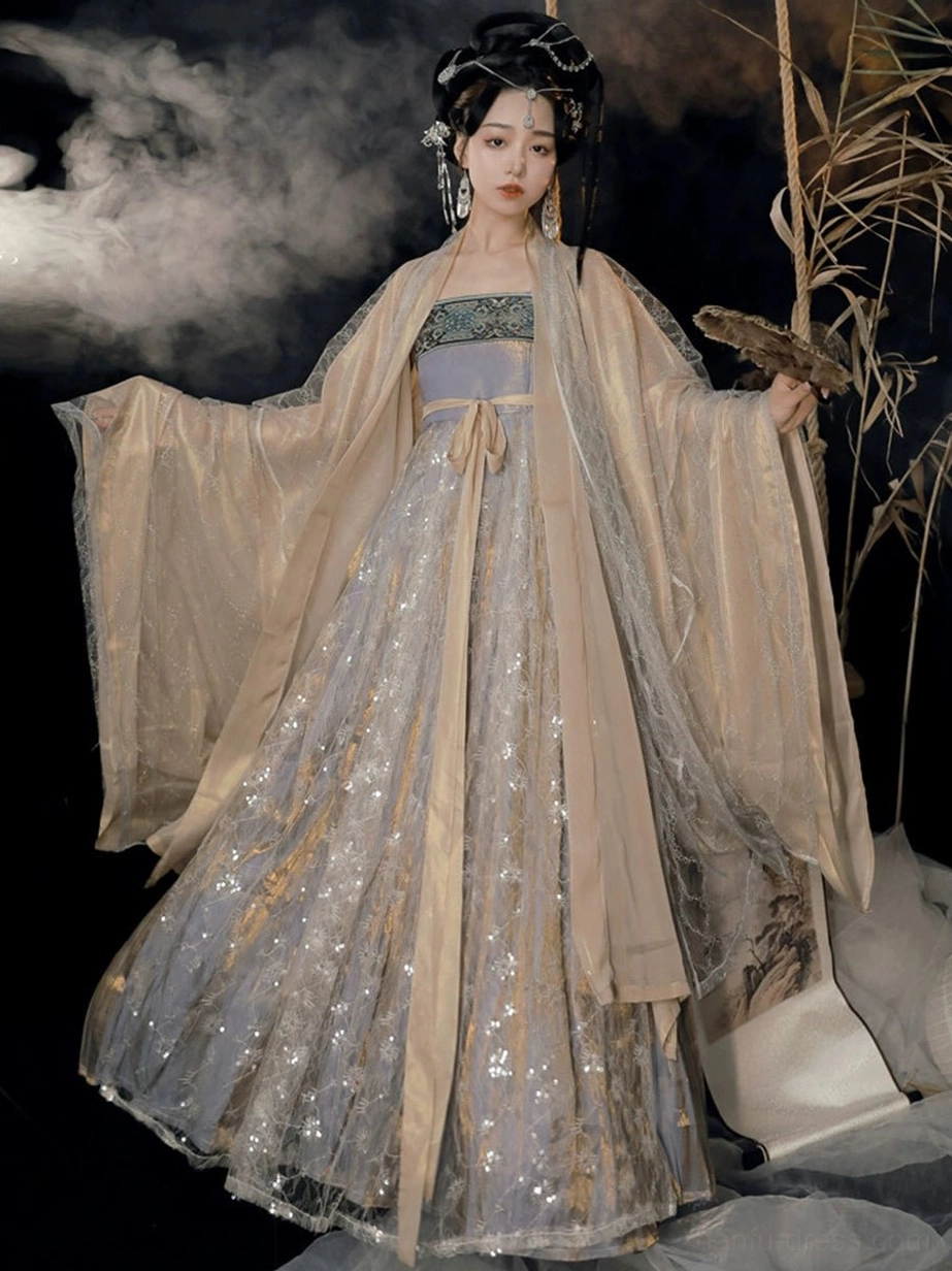 Front view of Cold Tangerine Tang Dynasty Hanfu Heziqun outfit with flowing apricot outer coat, glittering lilac skirt, embroidered bust band, and long waist ribbons