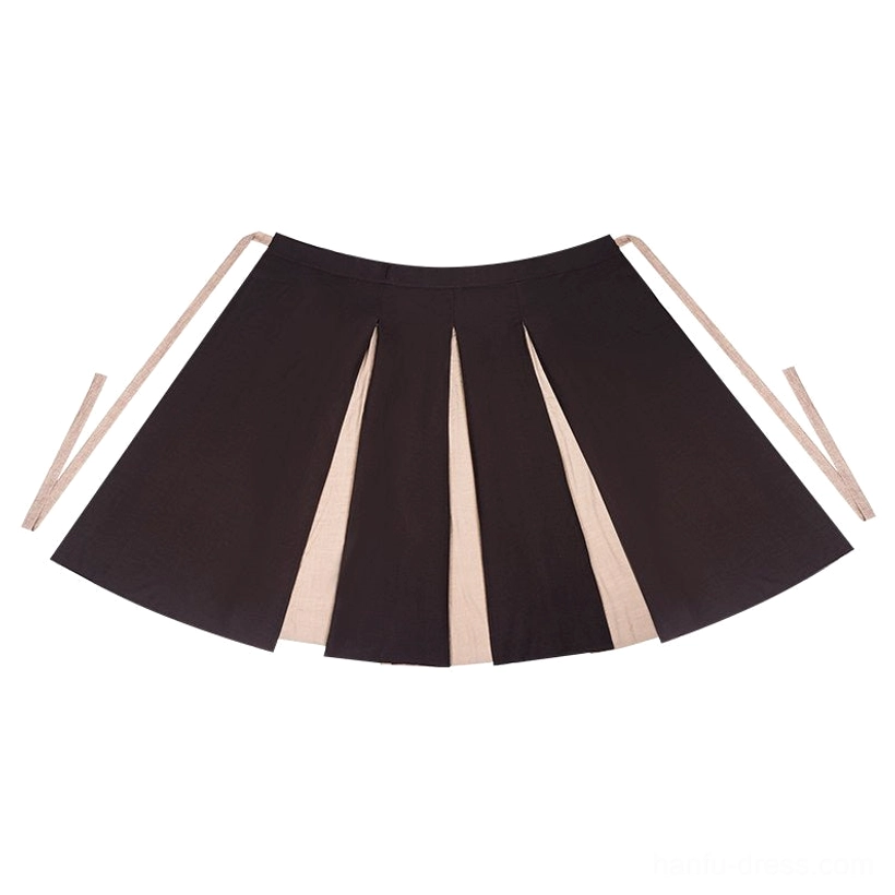 Flat lay view of pleated Hanfu wrap skirt with dark brown and light tan color-blocked panels and adjustable side tie fastening