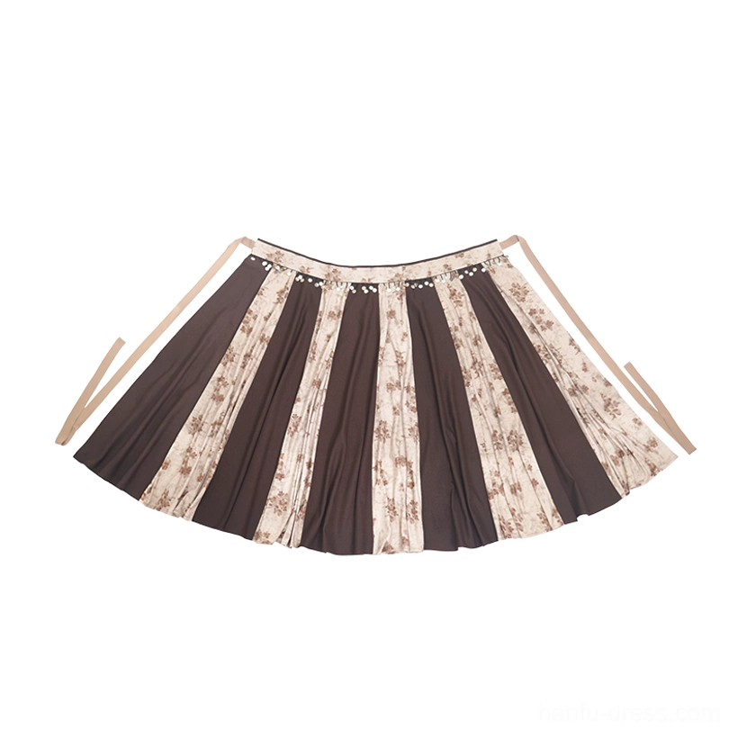 Top view of a color-blocked Tang Dynasty Hanfu wrap skirt with dark brown and floral beige panels beaded waistband and adjustable side tie straps