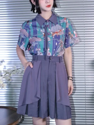 Front view of a colorful Chinese style Dunhuang print shirt featuring teal purple grid details, clouds, mythical creatures, and short sleeves