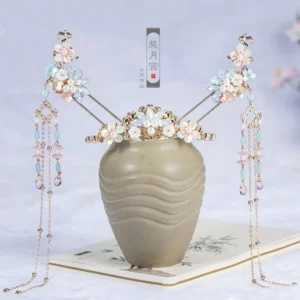Complete colorful spring hanfu hair accessories set with gold-tone crown, matching left and right floral step hairpins, pearl-style accents, and long gradient crystal-look tassels