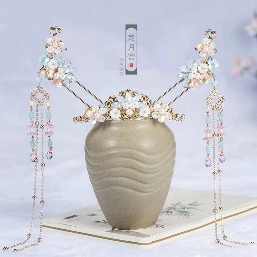 Complete colorful spring hanfu hair accessories set with gold-tone crown, matching left and right floral step hairpins, pearl-style accents, and long gradient crystal-look tassels