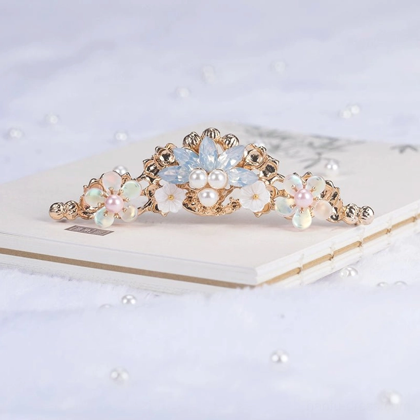 Standalone colorful spring hanfu hair crown with curved gold-tone base, blue crystal-look centerpiece, pearl-style flower, and pink and white floral accents