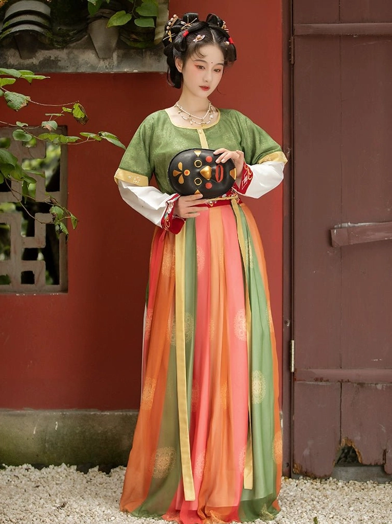 Full front view of colorful Tang Dynasty Hanfu U-collar Qiyao Ruqun complete set with gold printed striped skirt