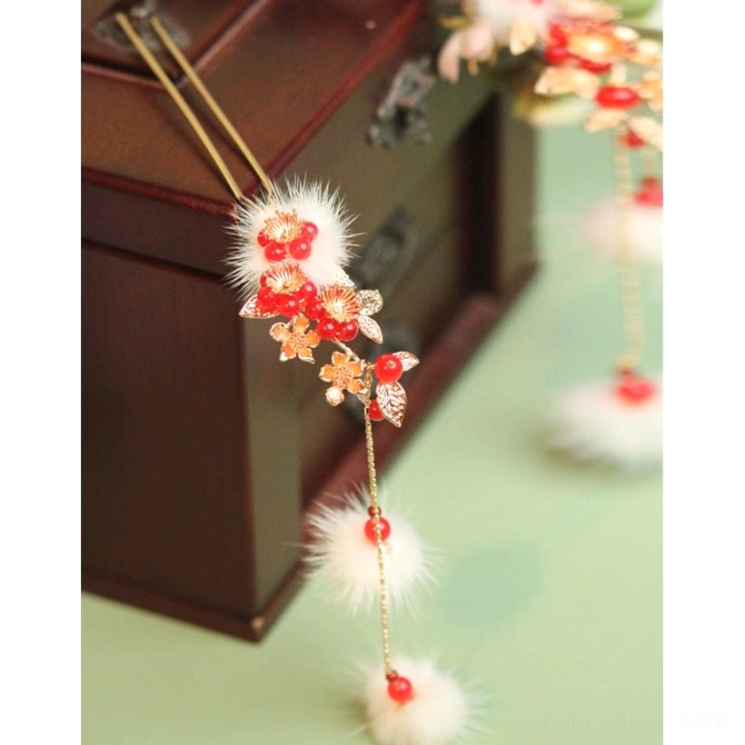 Compact plum blossom Hanfu hair pin with gold-tone metal accents, red glass-style beads, white pom-poms, and short dangling tassels