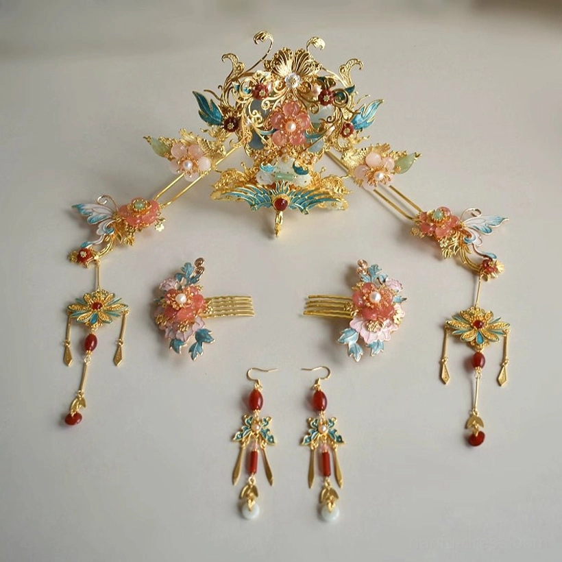 Complete blue enamel floral Hanfu hair accessory set including crown hairpins hair combs and matching tassel earrings