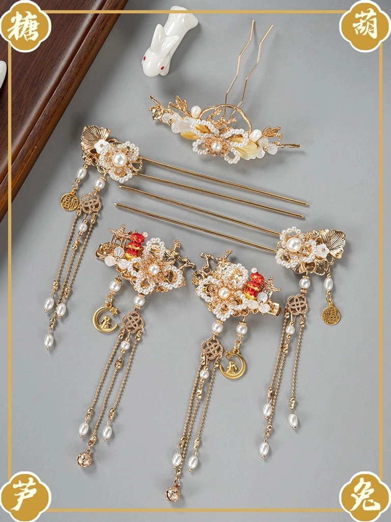 Complete Chinese-inspired Hanfu hair accessories set with decorative crown hairpins clips faux pearls red floral details and fortune charms in a traditional framed composition