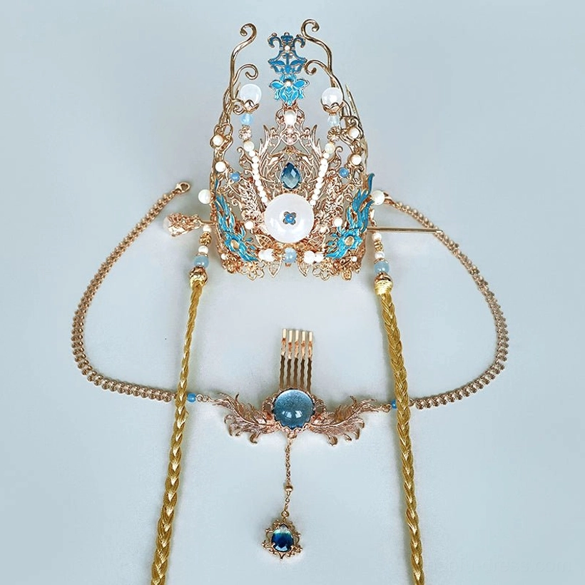 Complete Feather Fairy Chinese hair accessories set flat lay with crown, forehead chain, tassel pendant, and matching fixing hair fork