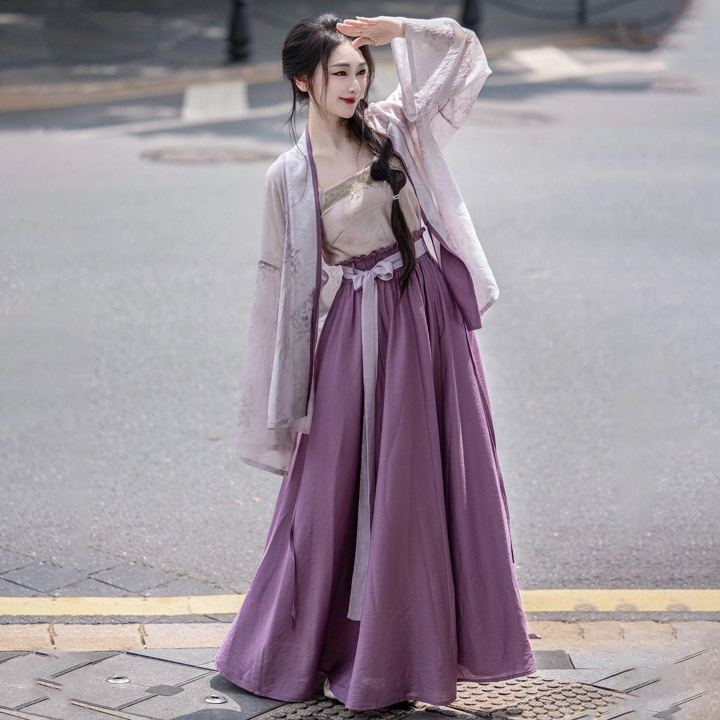 Complete Ice Wisteria Song Dynasty modern Hanfu set showing the elegant layered cardigan, camisole, flowing pocketed purple skirt, and contemporary daily styling