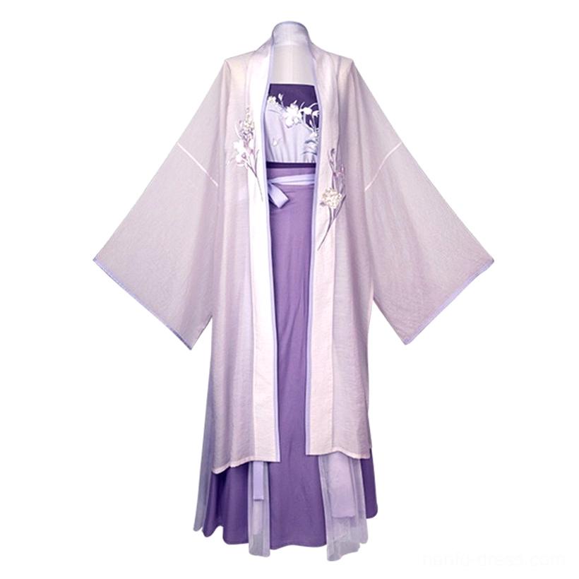 Complete iris Song Dynasty Hanfu outfit displayed together with embroidered camisole, lavender cardigan and purple ten-panel wrap skirt