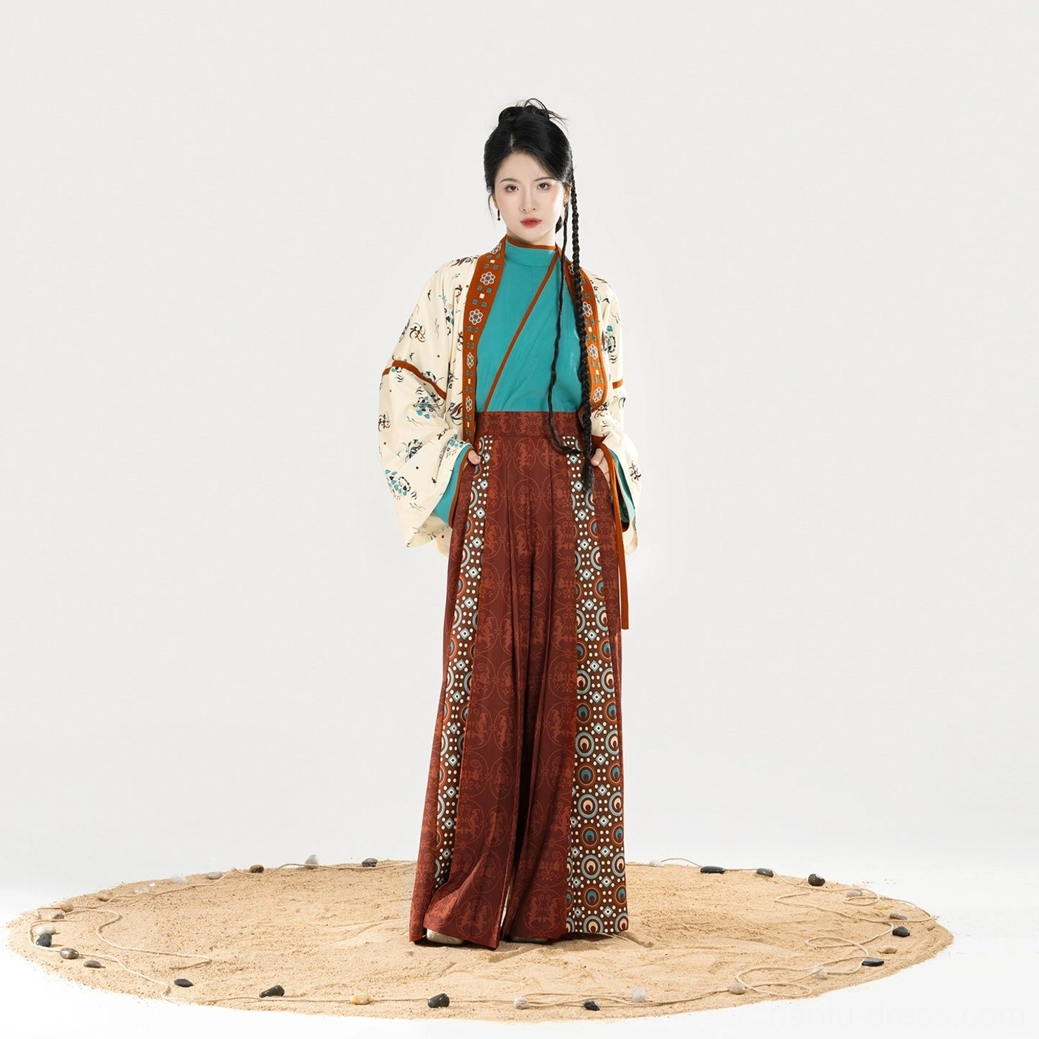 Front standing view of a complete Jin Dynasty Dunhuang-inspired women’s modern Hanfu outfit with layered tops and coordinated wide-leg pants