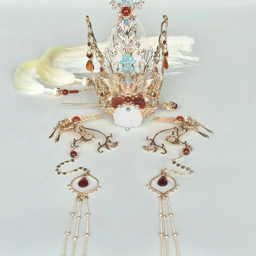 Complete Jiugao Hanfu hair accessories set displayed from above with main Chinese hair crown side hair combs forehead chain white silk tassels and colorful gold-tone ornaments
