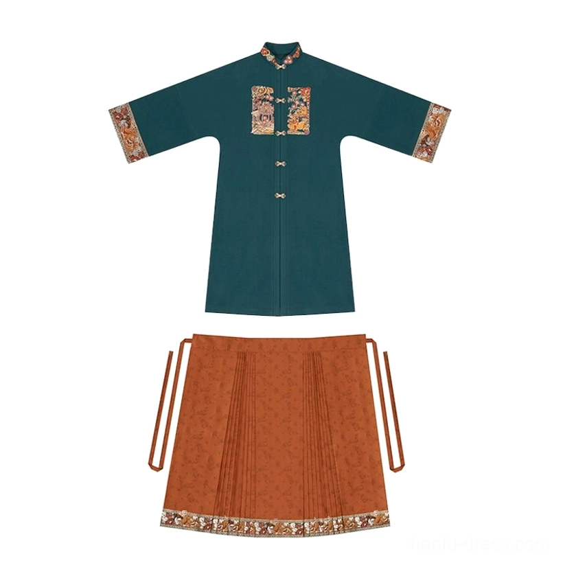 Complete Ming Dynasty Hanfu outfit displayed together with a dark teal embroidered robe and matching burnt orange mamianqun skirt