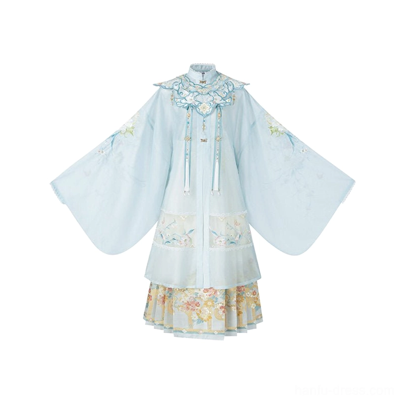 Flat lay display of complete Ming Dynasty hanfu outfit with pale cyan embroidered stand collar robe, wide sleeves, and ivory Mamian skirt