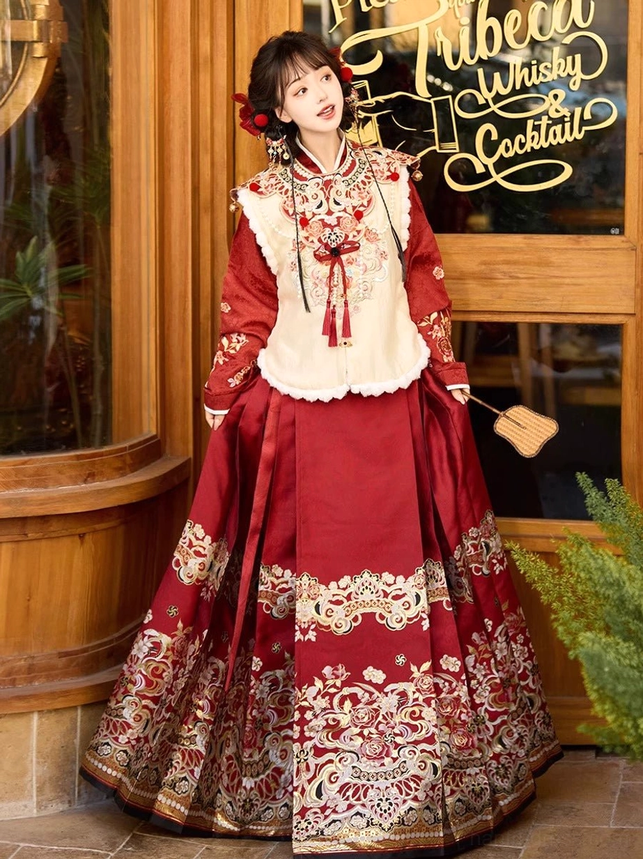 Side front view of complete Ming-style Hanfu outfit with lantern sleeves, embroidered cloud collar, hanging tassels, and wine red horse-face skirt