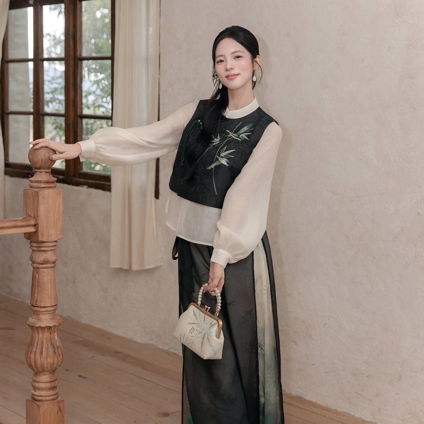 Front full view of the complete modern Hanfu blouse and wide leg pants outfit with bamboo embroidery, ink-wash gradient fabric, and Chinese-inspired accessories