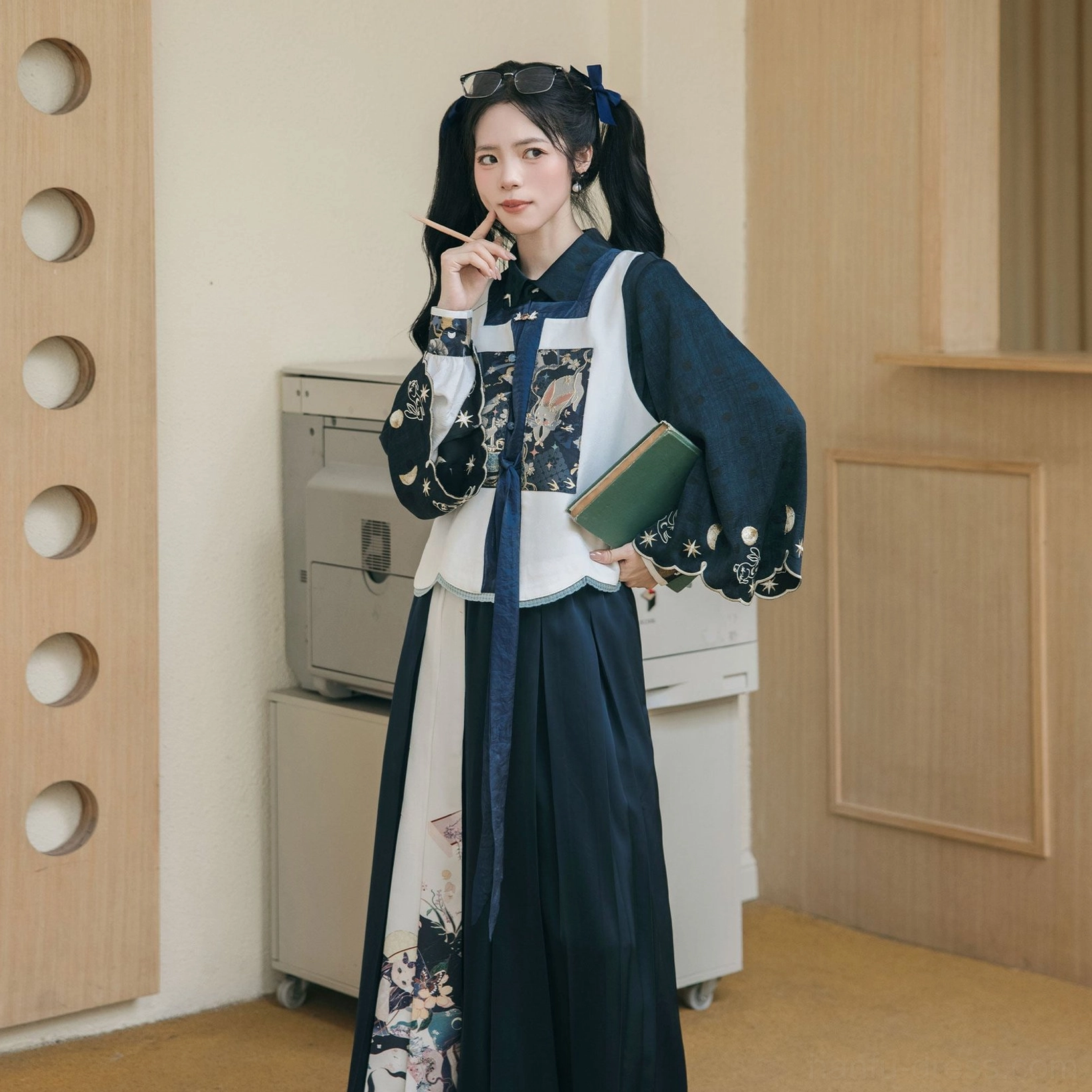 Half-body front view of a woman wearing the complete modern Hanfu set with matching vest and blouse in a retro academic Chinese fashion style