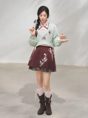 Front view of a complete modern Hanfu style blouse and retro knit mini skirt set with floral bird embroidery and plaid skirt hem