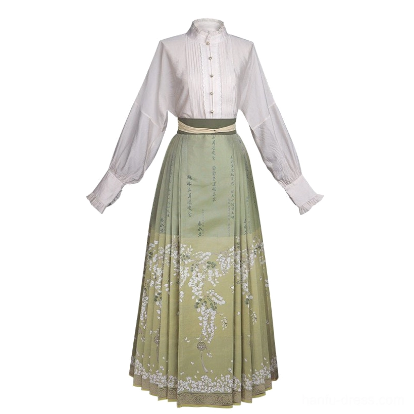 Complete modern Ming Dynasty Hanfu two-piece outfit displayed flat with white lantern sleeve shirt and matching printed sage green mamianqun skirt