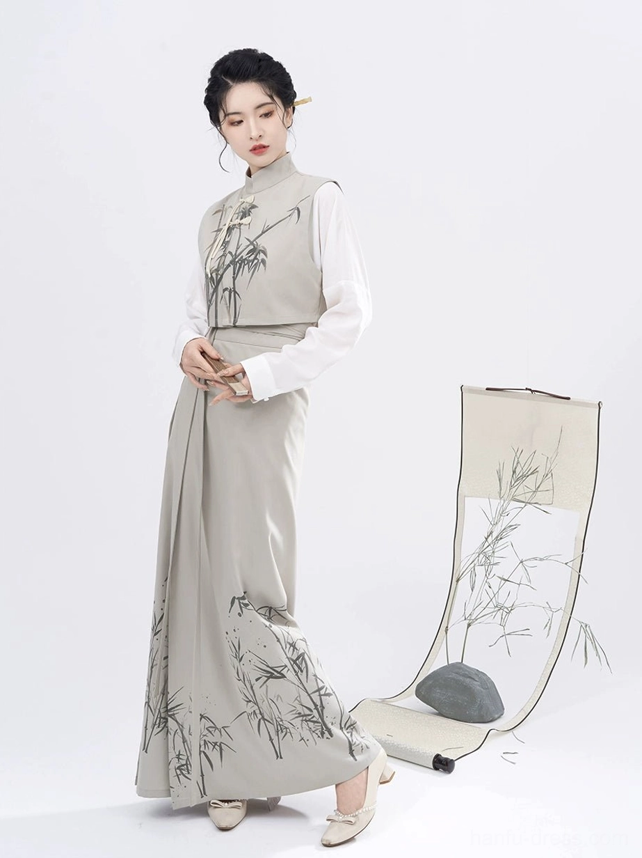 Full-body front view of the complete modern Song Dynasty Hanfu set with matching ink bamboo print Majia vest and wrap skirt